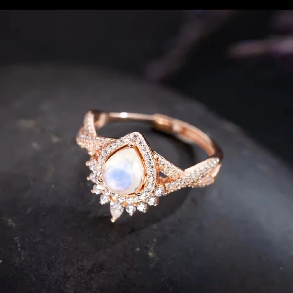 Elegant Rose Gold over Silver Rainbow Moonstone Teardrop Ring!